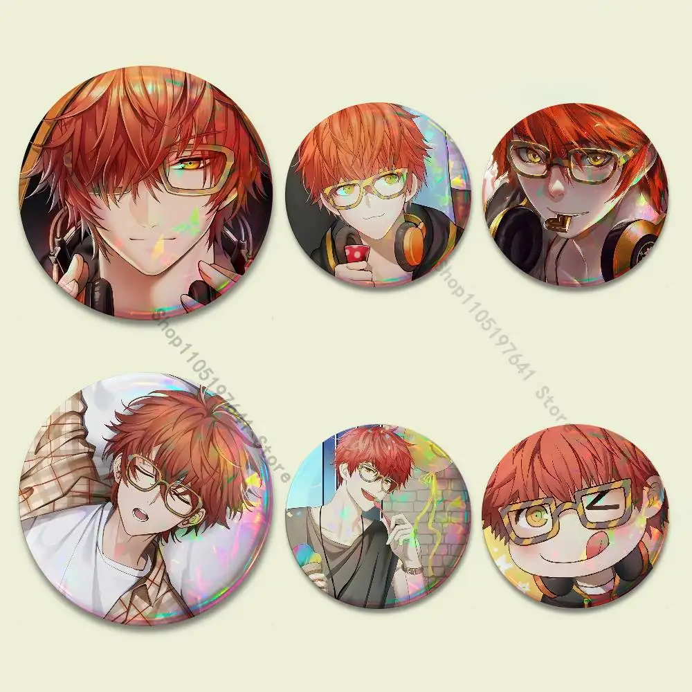 

Anime Mystic Messenger Game 707 Reflective Pin Tinplate Round Brooch Cartoon Cosplay Badges for Bag Hat Toys Gifts