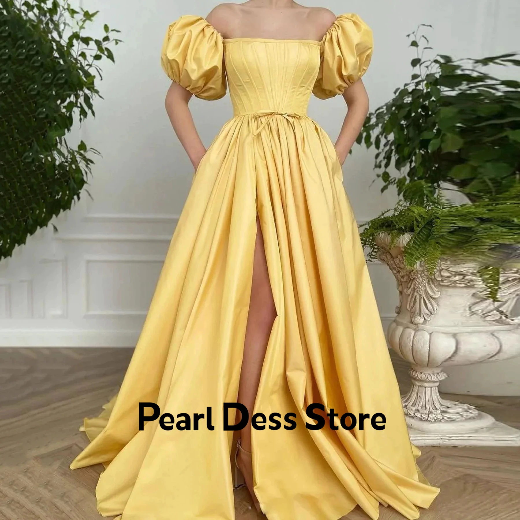 

Yellow satin A-shaped ball dress 2024 short sleeved tight fitting corset back formal dress with pockets and leg slits