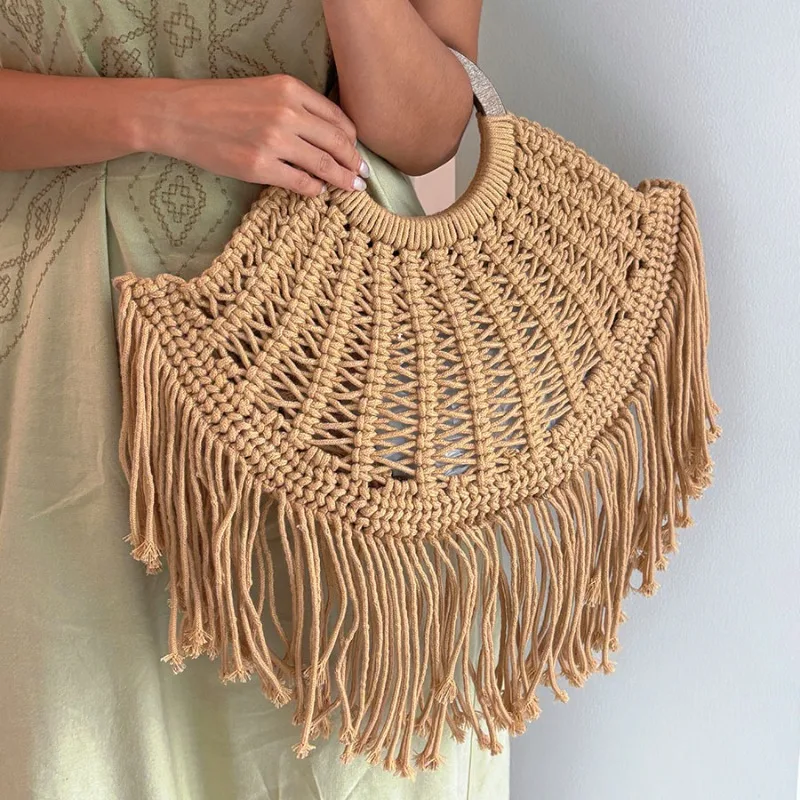 Women's French Straw Tote Bag with Wooden Ring Handles Fringe Hollow Out Woven Design Summer Beach Vacation
