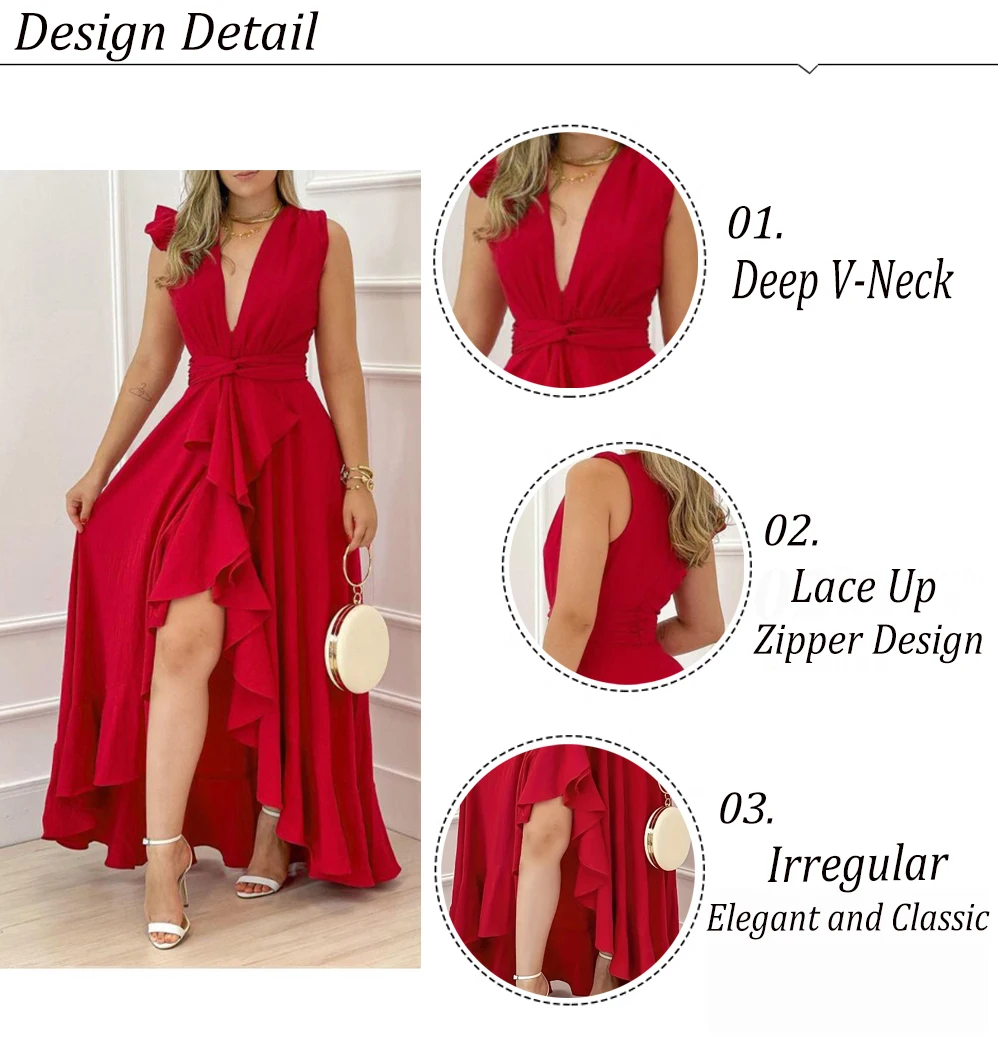 VITRCHP Women Solid Chic Deep V Neck One Small Flying Sleeves Silt Backless Maxi Bodycon Sexy Party Red Dress