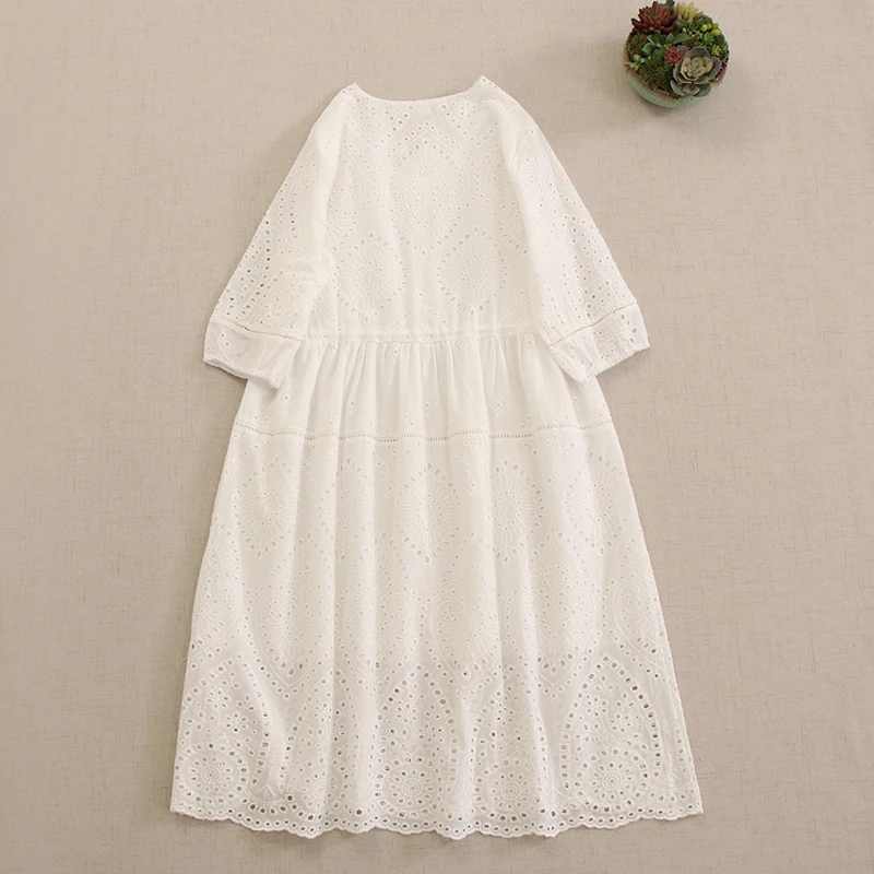 Japanese Sweet Mori Girl Embroidery Hollow Out Cotton Midi Dress Women V-Neck Three Quarter Sleeve Loose Drawstring Waist Dress