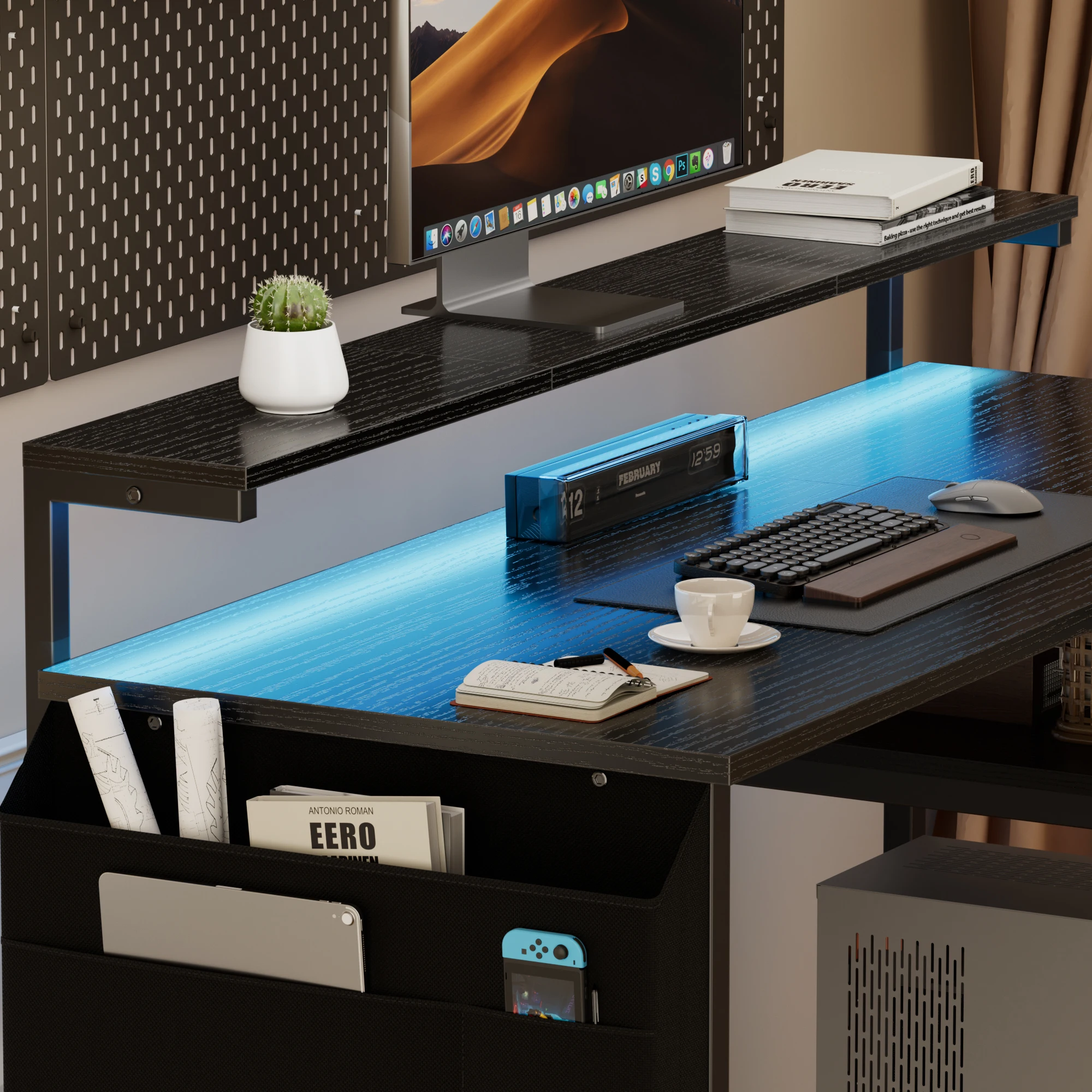 100/120cm Bürotisch, Computertisch mit LED und Monitorständer, 2 Ablagen und Aufbewahrungstasche PC-Tisch für Studium und Schlafzimmer – Detail 9