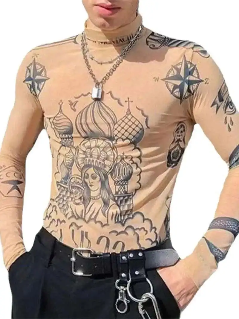 2025 الخريف جديد أزياء المرأة Basal أعلى آلهة الوشم طباعة طويلة الأكمام عالية ضيق طوق عارية اللون شبكة الغزل مثير تي شيرت B666