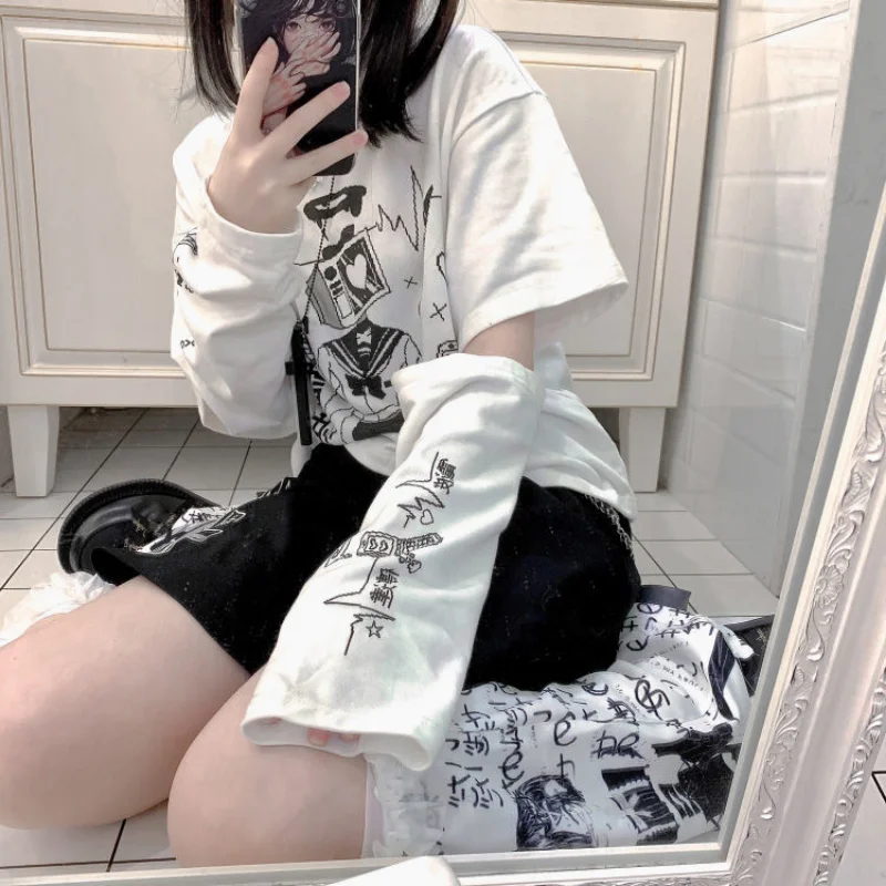 Detachable Long Sleeve Y2k Clothes Anime Print Spring Summer Japanese Girl T Shirts Casual Loose Preppy Style Punk Gothic Tops