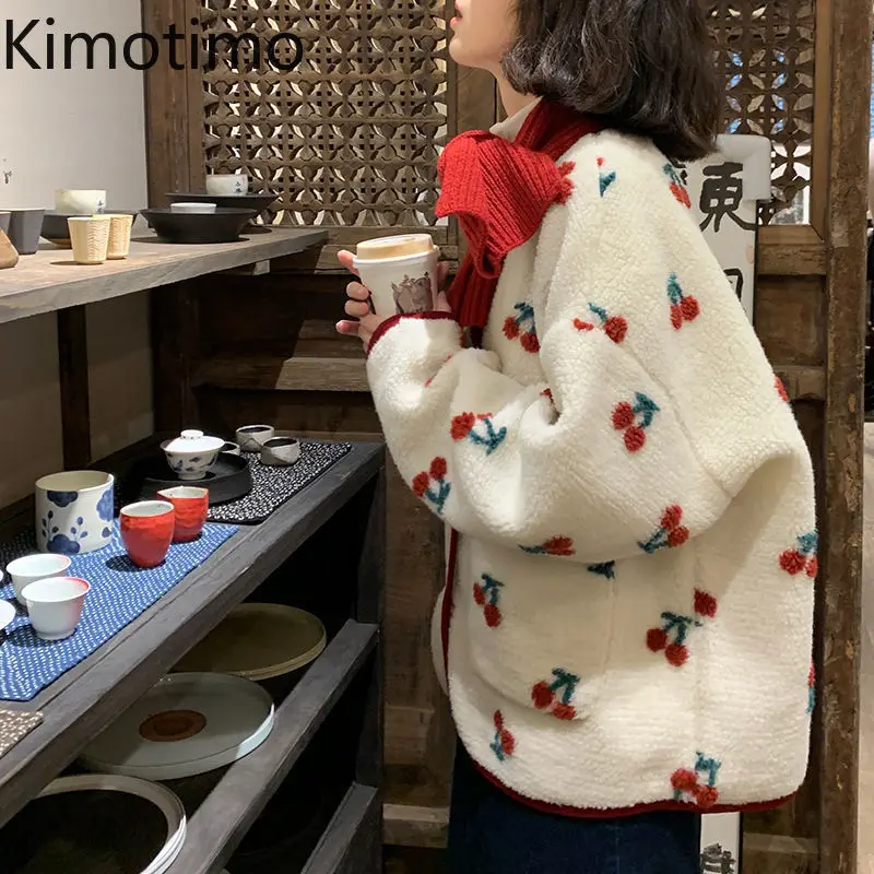 Kimotimo Japanese Cute Cherry Lambwool Coat Women 2024 Autumn Winter Warm Loose Round Neck Jacket Fashion Sweet Jacquard Tops