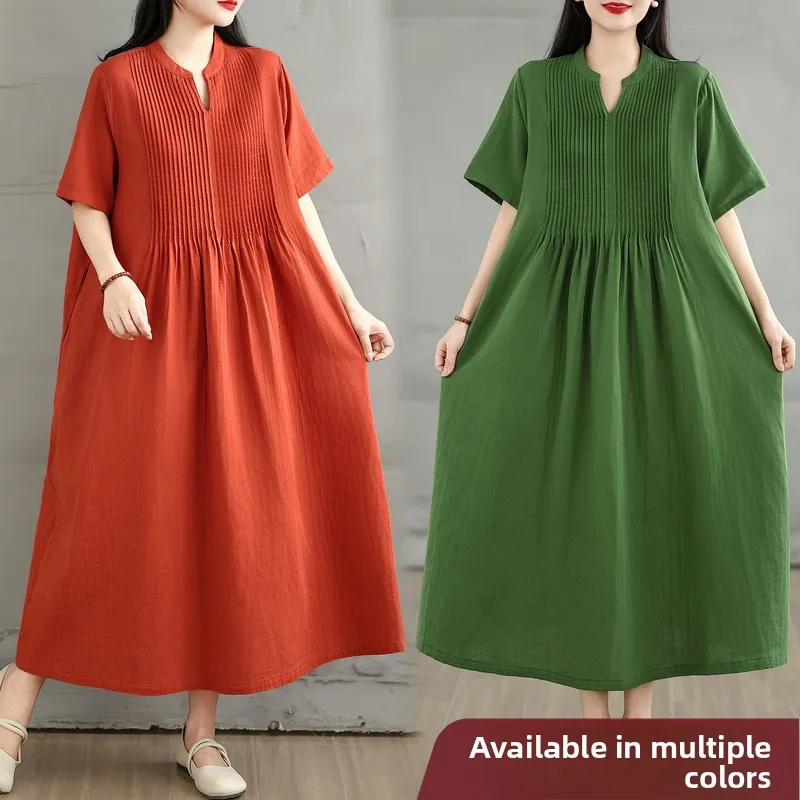 

Retro Artistic Loose Women's Dress Double Layered Tulle Midi Knee-Length Short Sleeve Maxi Skirt Cotton High Waist Citywalk