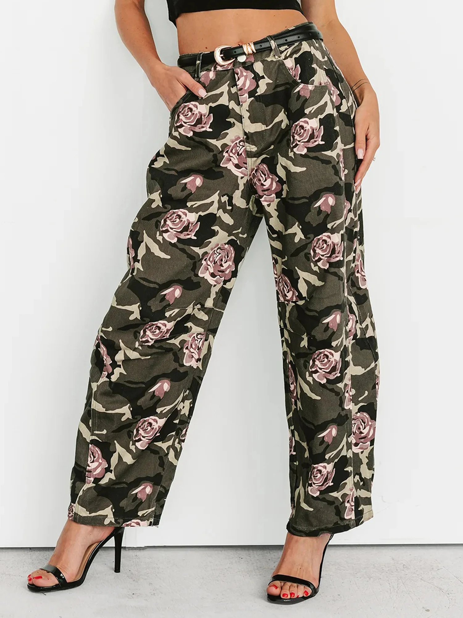 

Женские камуфляжные джинсы с розой, джинсовые брюки с высокой посадкой и карманами, повседневные длинные брюки для офисной одежды и Beyond