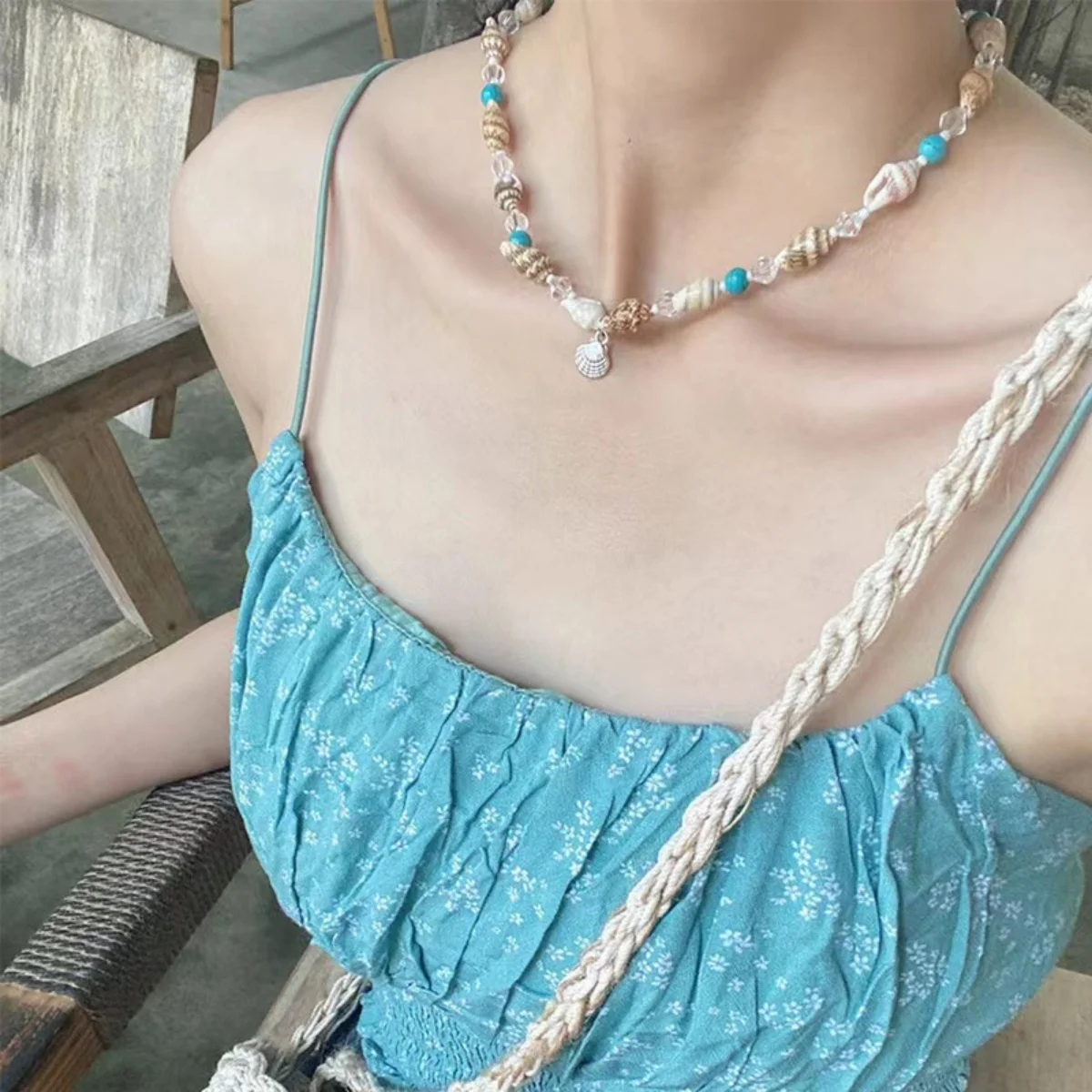 Metall-Seestern-Muschel-Anhänger-Halskette für Damen und Herren, Kristall-Reisperlen-Choker, Bohemian-Strandurlaub, Sommerparty-Schmuck – Detail 16