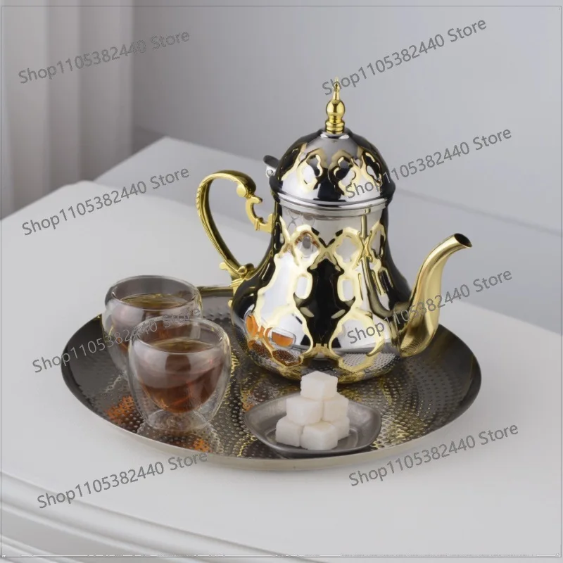 1L Fine Grid Two-Tone Gold Stainless Steel Teapot, Moroccan Arabic Middle Eastern Palace Style Coffee Pot