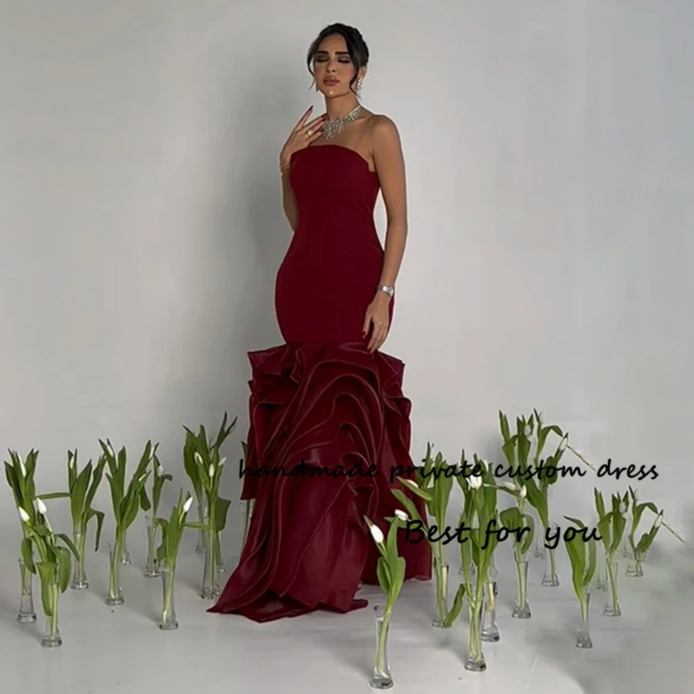 

Burgundy Satin Mermaid Evening Dresses for Women Strapless Arabian Dubai Formal Prom Dress Floor Length Evening Gowns