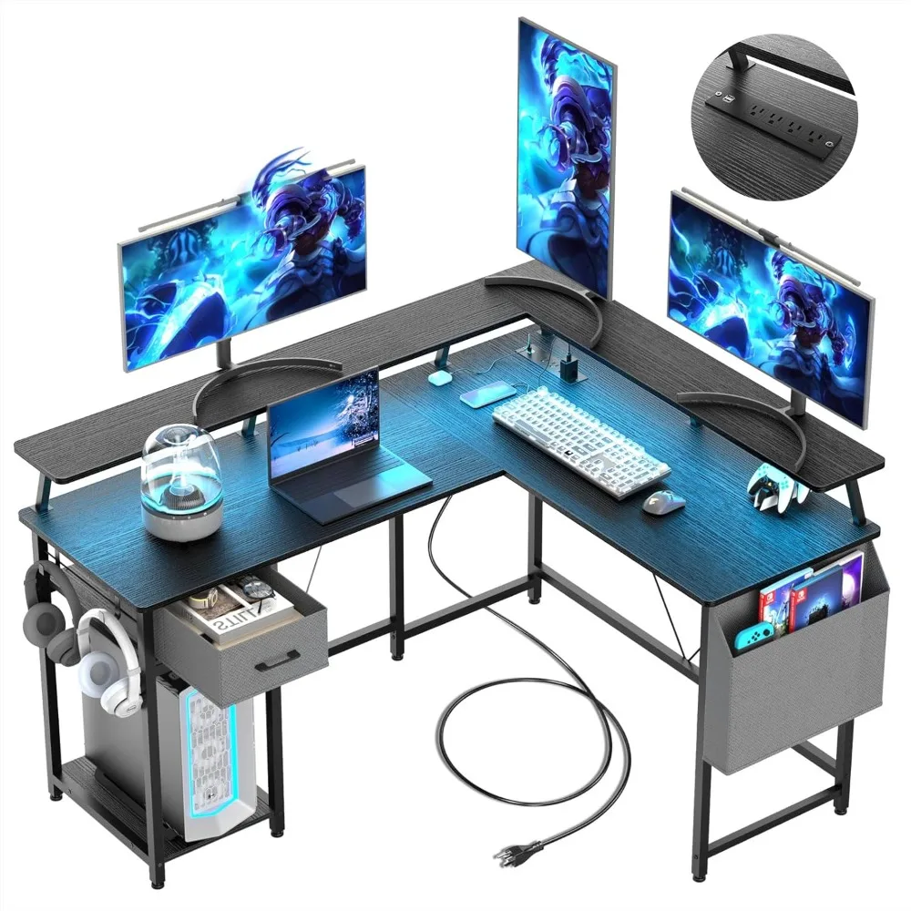 57 Inch L Shaped Gaming Desk,Computer Desk with Drawers Storage, Corner Desk with Power Outlet USB Ports & LED Strip and Monitor