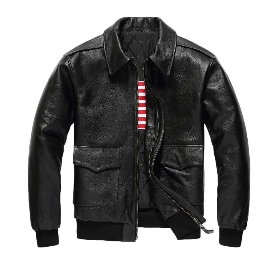 

Black Winter Pilot A2 Leather Jacket Men Military Style American Flag Europe Size Genuine Natural Thick Cowhide Flight Coat