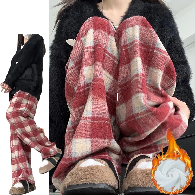 الرجعية الأحمر منقوشة Thiened Fce عادية الطابق طول مستقيم الساق السراويل النسائية الخريف الشتاء جديد Sle ثني بنطلون