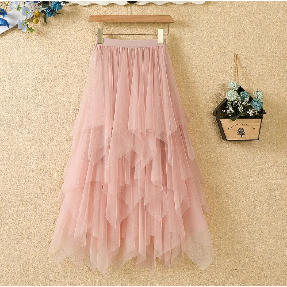 المرأة تول تنورة غير النظامية شبكة الشاش ثوب نسائي الإناث المرقعة فتاة حلوة ألف خط تنورة طويلة متعدد الألوان لطيف فستان رقص الفوال