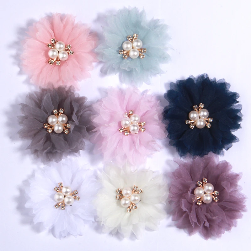 10Pcs 6.5CM Pearl Center Handmade DIY Fabric Artificial Flowers Hair Accessories Dress Shoes Hats Decoration Bride Bouquet Craft