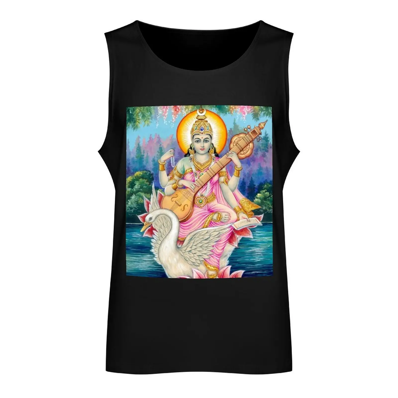 Saraswati Mata Painting Tank Top Men's sleeveless t-shirt Men's clothing brands mens clothing gym clothing