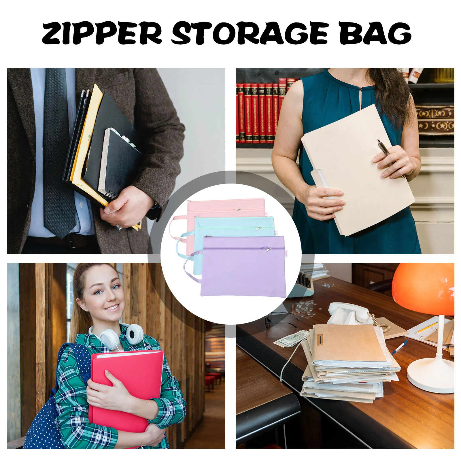 

3Pcs A4 File Organizer Waterproof Zipper Bags Document Storage Pencil Pen Pouches Large Multipurpose Office Classroom