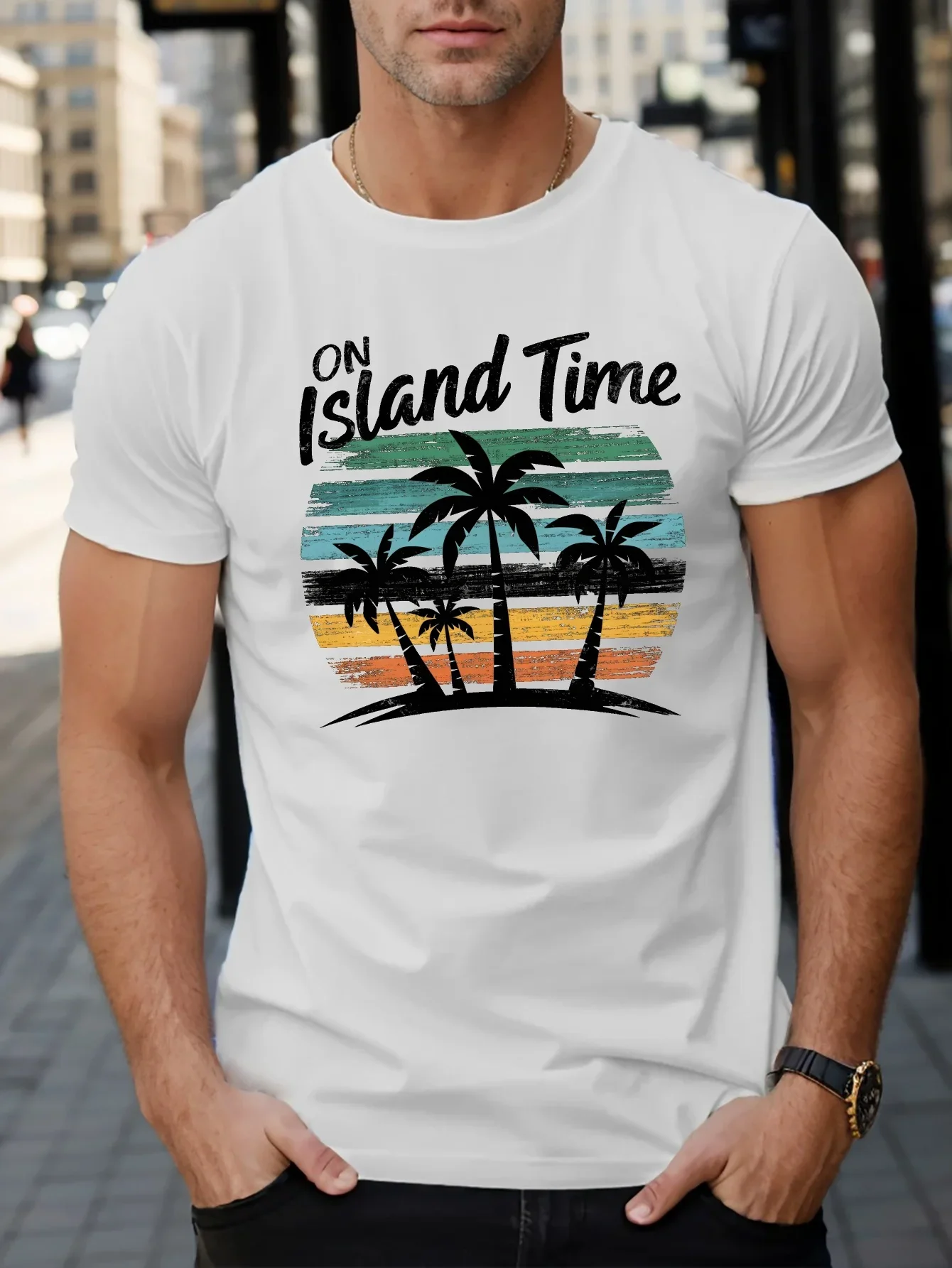 New Men's On Island Time Retro Palm Tree Sunset Graphic T Shirt Vintage Tropical Beach Summer Casual Short Sleeve T-shirt Tops