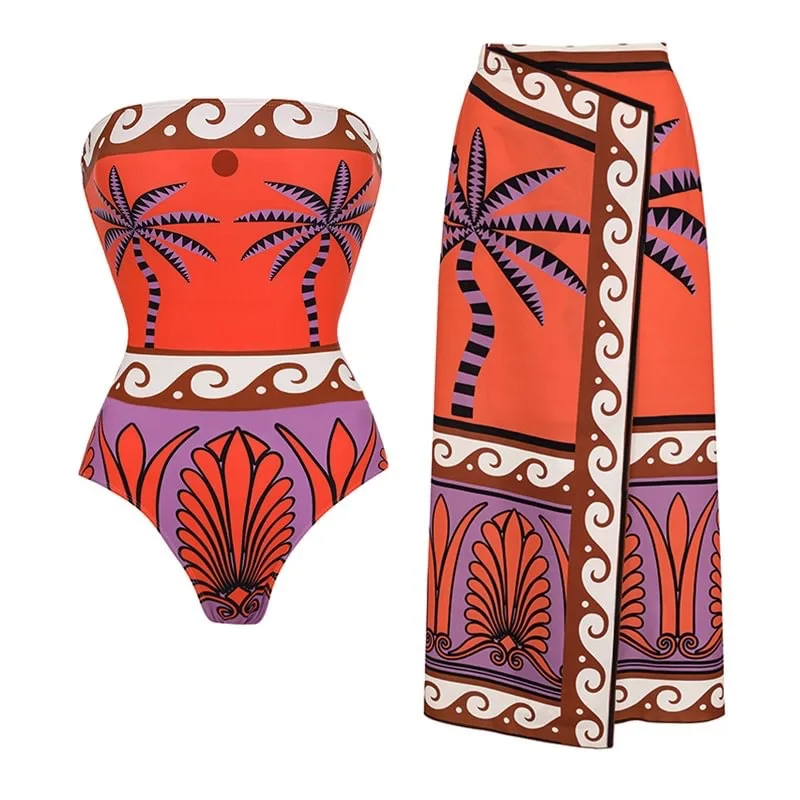 

2024 Fashion Swimwear Women With Skirt Bathing Suit Summer New Ruffle Splice Print Beachwear Holiday Bikini Cover Ups Outfits