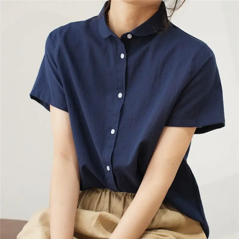 Vintage Button Loose Blouse Summer New Short Sleeve All-match Simplicity Solid Color Shirt Tops Casual Fashion Women Clothing