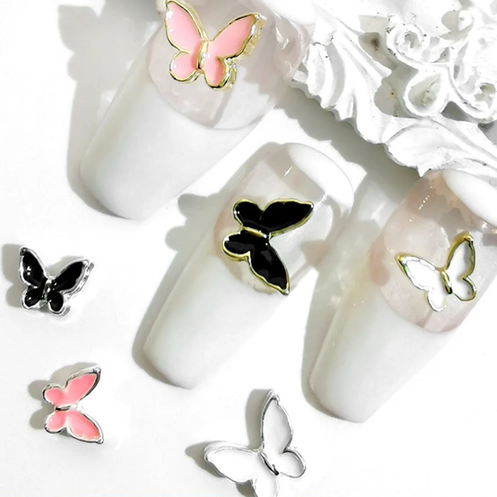 

10Pcs/Bag Metal Butterfly Nail Charms Alloy Decorations Pink Black White Nail Art Accessories Gold/Silver 5*6mm Nail Jewelry