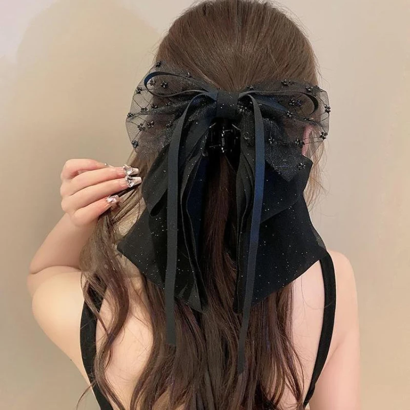 

Exquisite Mesh Ribbon Black Bow Hair Claw for Women French Simple Horsetail Clip Elegance High Grade Grab Clip Hair Accessories