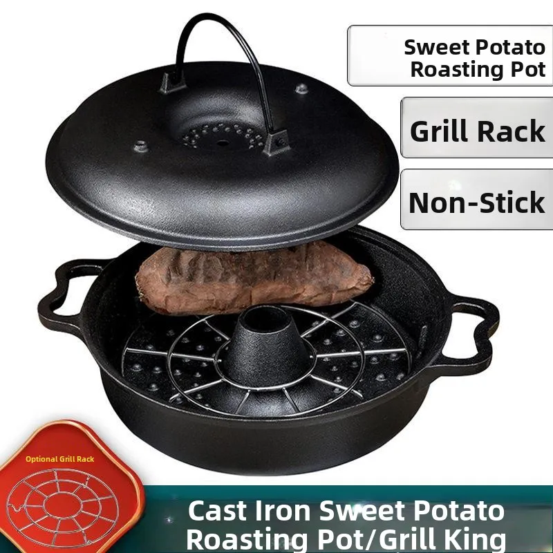Olla para asar patatas rojas de hierro fundido engrosado para uso doméstico y barbacoa, adecuada para asar batatas, castañas y maíz.
