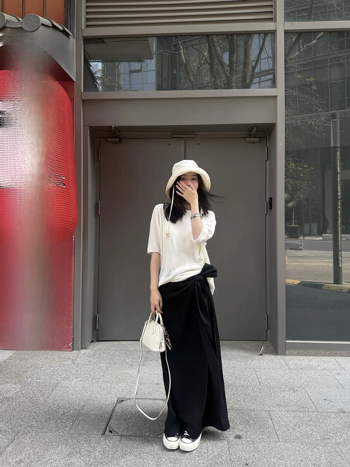 

MOMENTHOME Casual Silk Wool Belted Design Lazy Bla Midi Maxi Skirt Summer Leisure Pure Color mid Waist Other Material 00%