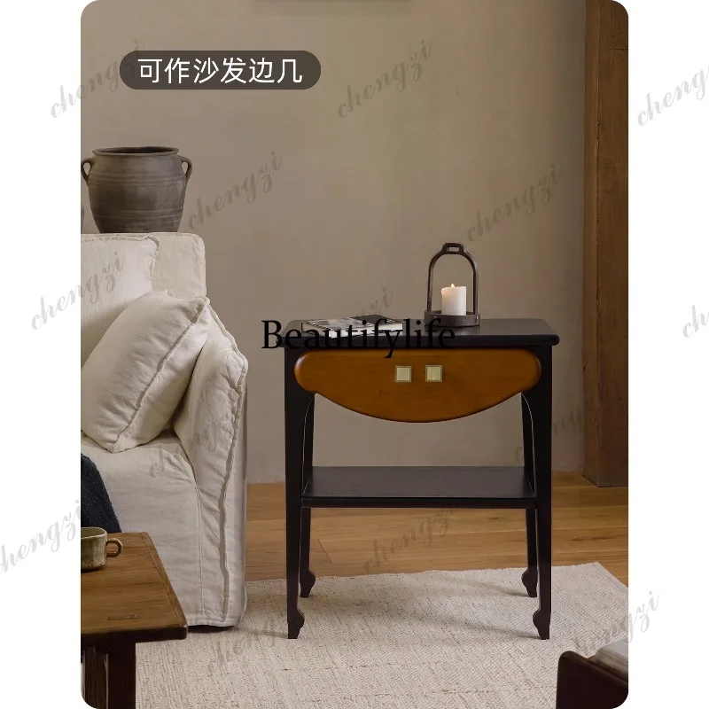Bedside table solid wood medieval retro wind bedside drawers storage bedroom black edge few small