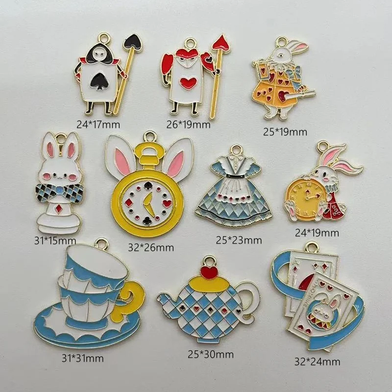 10pieces enamel jewelry rabbit poker tea pot clock accessories alloy pendants DIY necklace bracelets jewelry making accessories