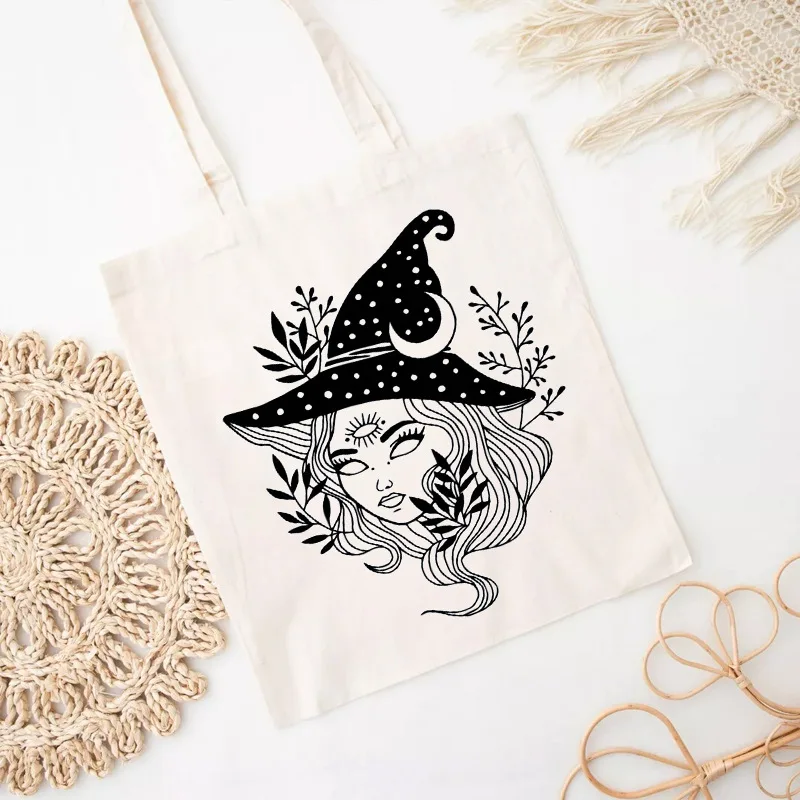 

Witch Pattern Canvas Tote Bag Bizarre Gothic Three Eyed Witch Pattern Women's Daily Sports Shopping Large Capacity Canvas Bag