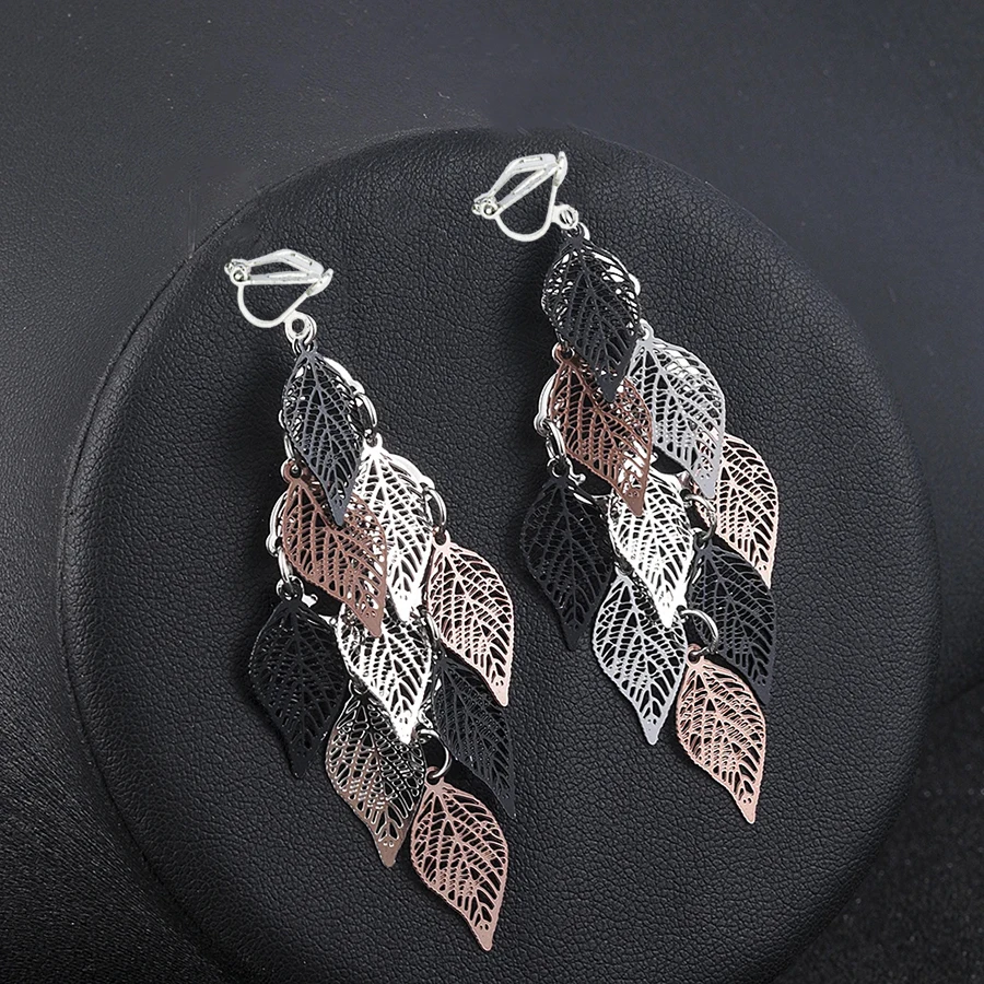 Bohemian Vintage Hollow Leaf Pendant Clip on Earrings for Women No Pierced Colorful Dangle Earrings 2024 New Fashion Jewelry