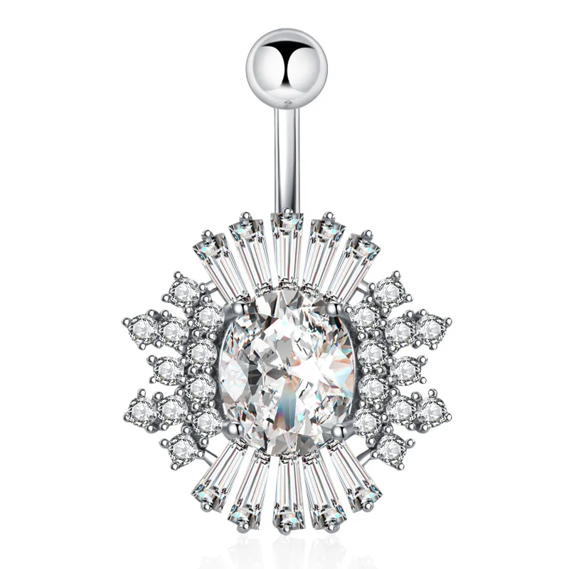 Belly Button Ring Cubic Zirconia Big Stones Clear Pink 14G Stailess Steel Rod Body Piercing Flower Navel Bar Umbilical Jewelry