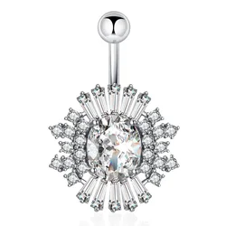 Belly Button Ring Cubic Zirconia Big Stones Clear Pink 14G Stailess Steel Rod Body Piercing Flower Navel Bar Umbilical Jewelry