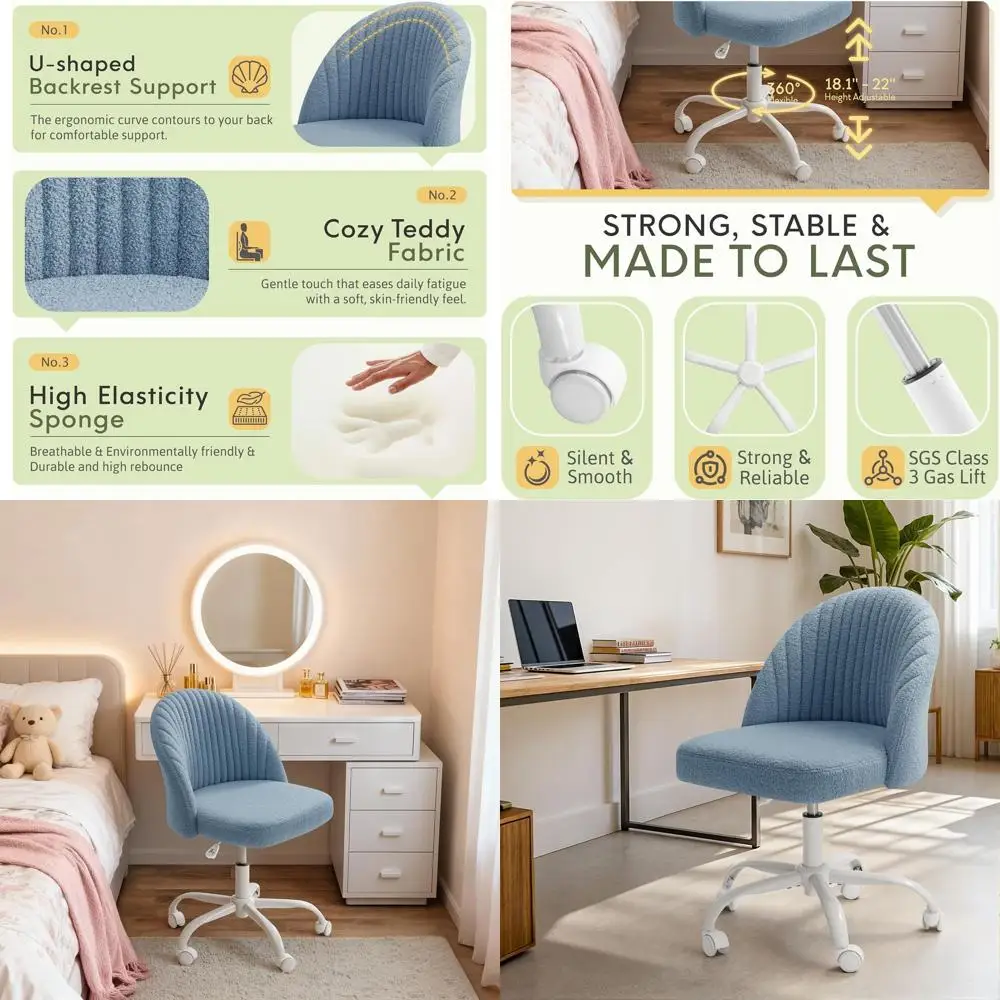 

Modern Dark Blue Teddy Velvet Armless Swivel Chair with Wheels for Home Office Desk