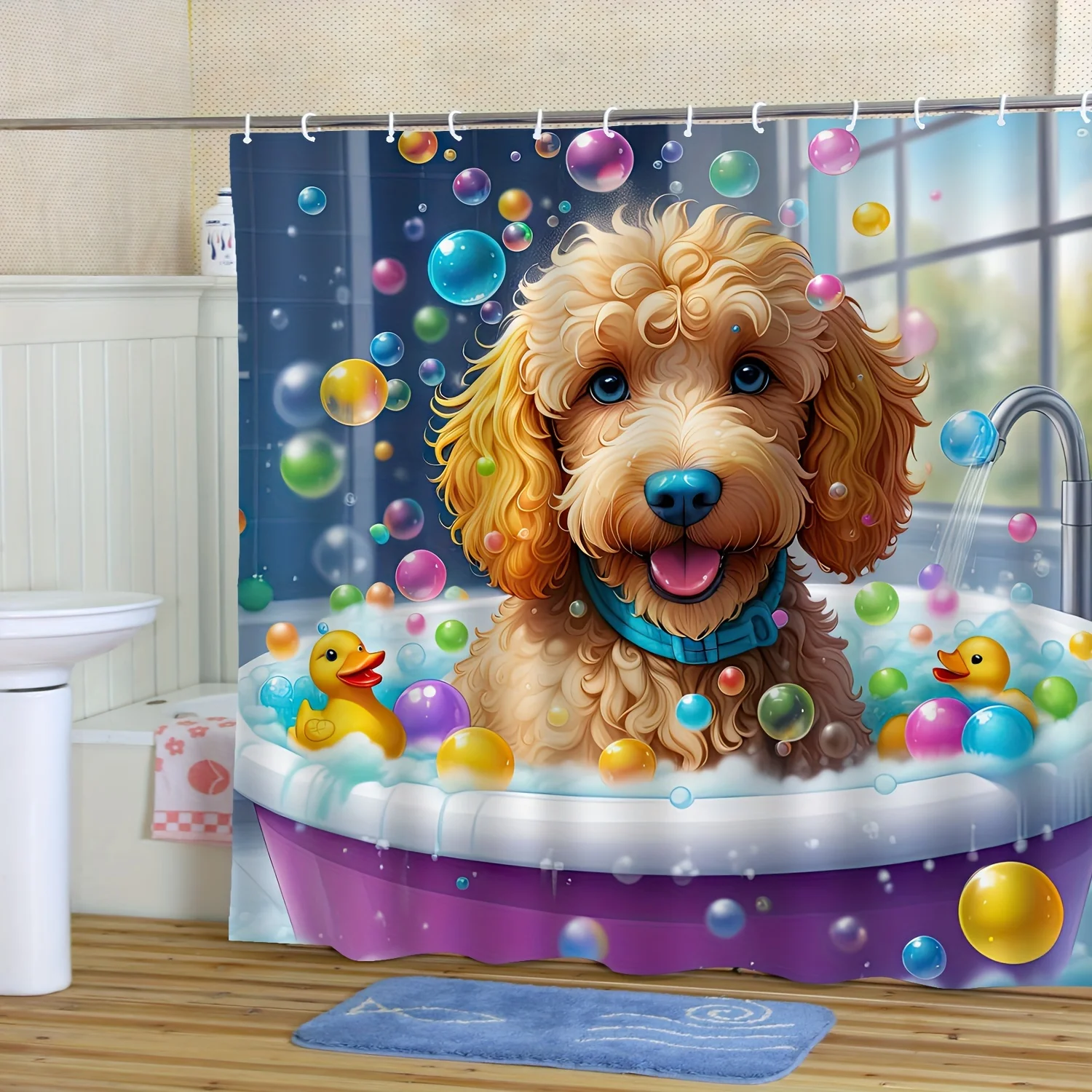 Modern Cartoon Humorous Dog & Rubber Ducks Bathing Scene Shower Curtain - Vibrant Digital Print, Durable Polyester Fabric