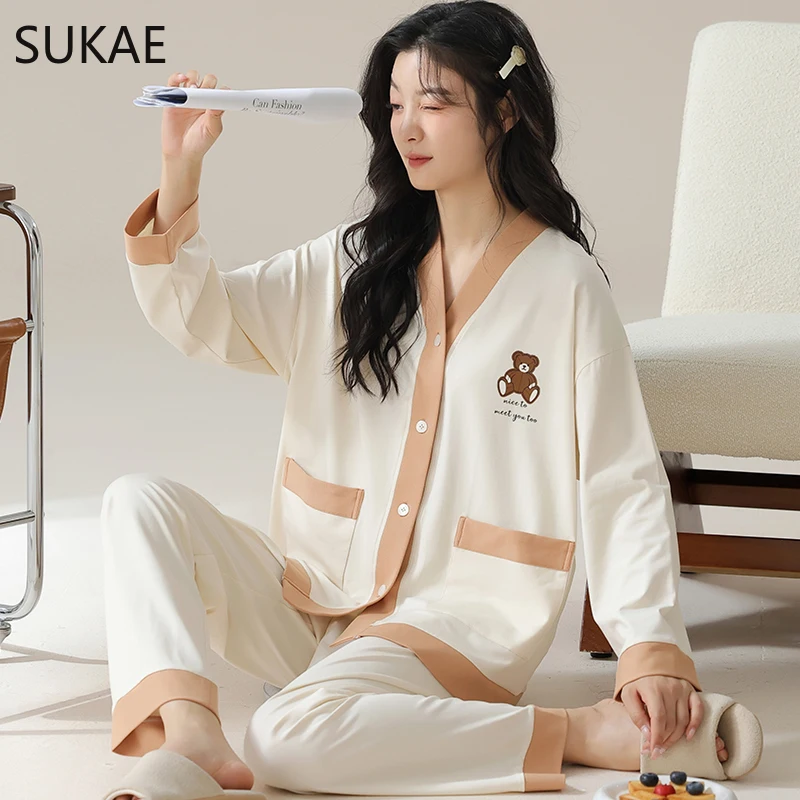 SUKAE New Spring Women Nightwear Leisure Kimono Style Lapel Sleepwear Casual Long Sleeves Pajamas Set for Women Girl Pink Pijama