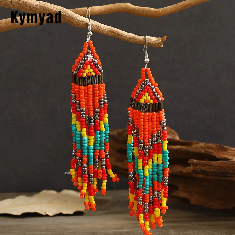 Kymyad Bohemian Beaded Drop Earrings Ethnic Long Earring Retro Handmade Beads  Earrings Tassel Chains Earings Fashion Jewelry