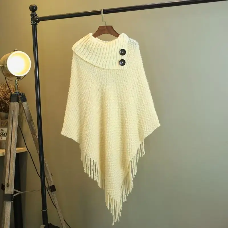 

Spring Autumn Pullover Poncho Sweater for Women Lazy Style Knit Cape with Tassels Unique Design Preppy Look Cozy Outerwear Layer