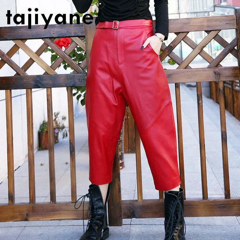 

Tajiyane Leather Cropped Trousers Women Casual Pants Loose High Waist Leather Pants Sheepskin Harem Pants Radish Tide