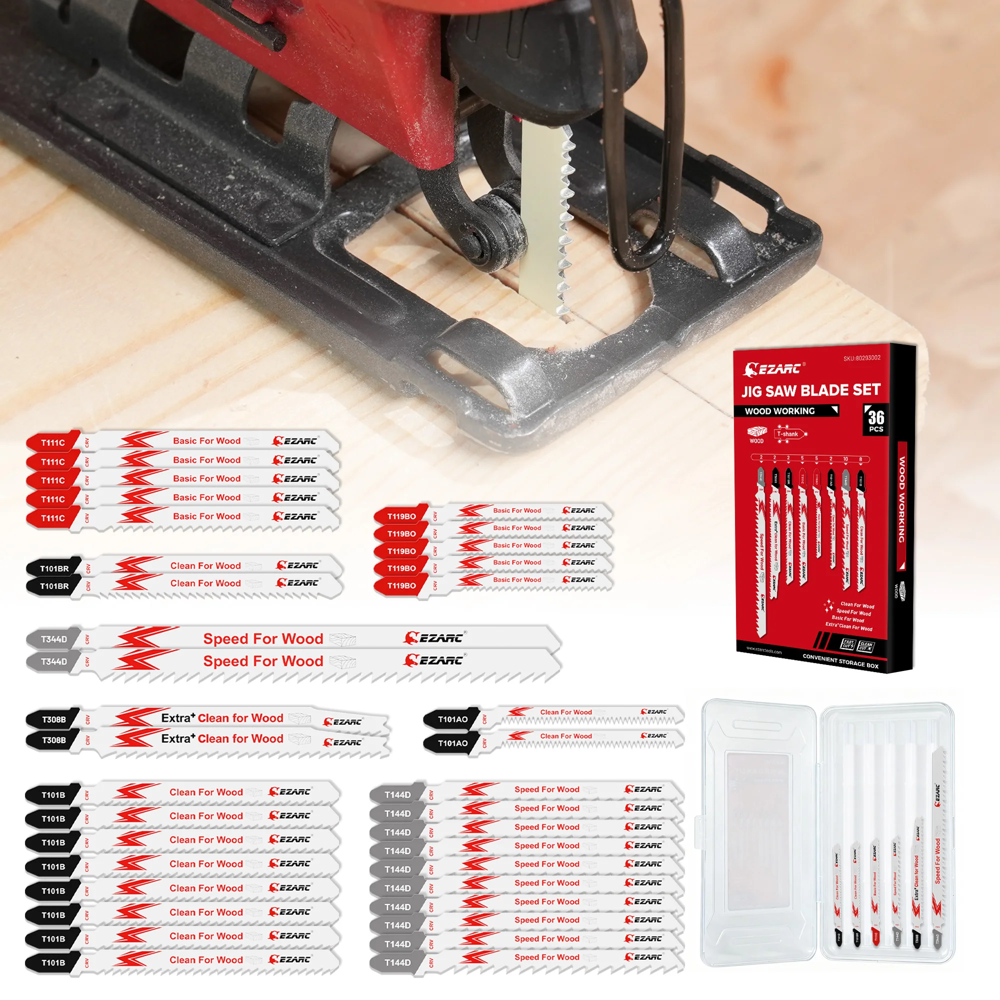 EZARC 36PC Jigsaw Blades Woodworking Set Assorted T-Shank Fast Clean Curve Deep Cutting for Laminate, Plywood and Furniture