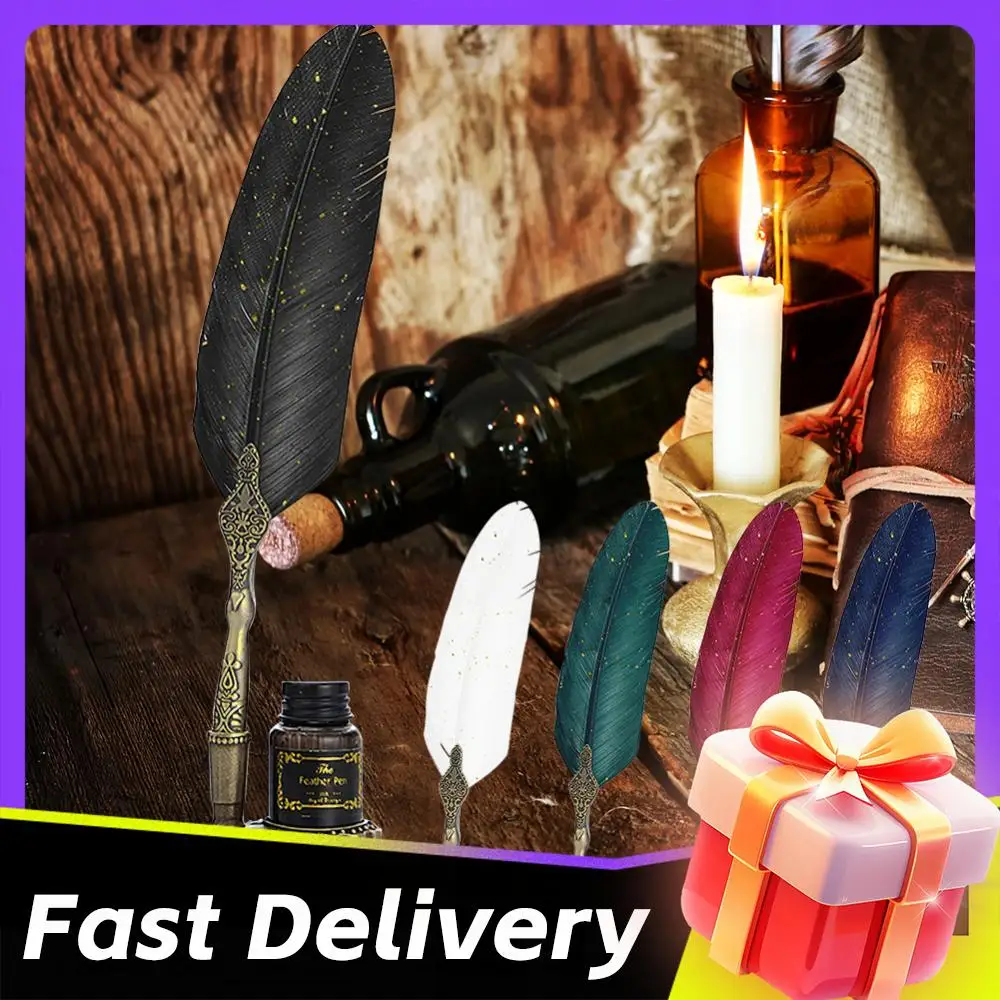 

1 Set Classic Texture Practical Calligraphy Feather Dip Pen No Ink Quill Fountain Writing Portable Wedding Gifts