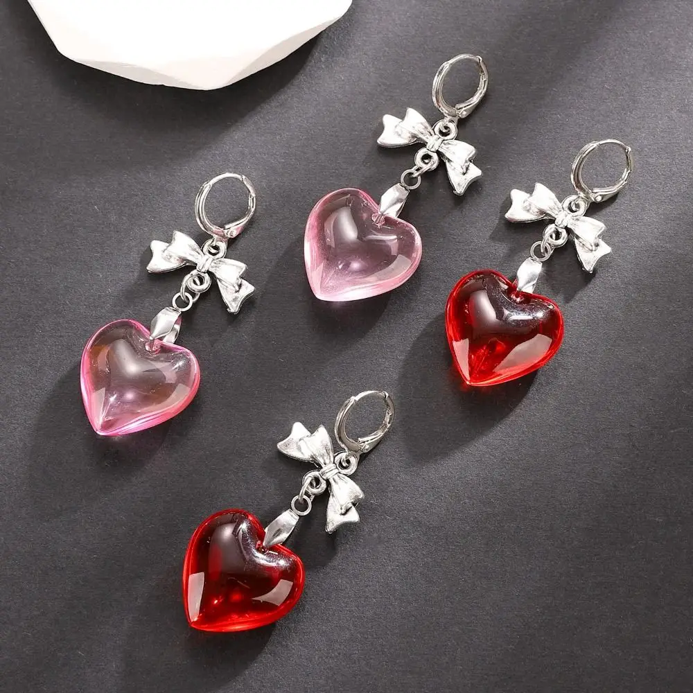 Bow Tie Love Heart Hoop Earring Y2K Korean Style Love Heart Ear Charms Transparent Red Pink Gothic Heart Shaped Earrings Girls