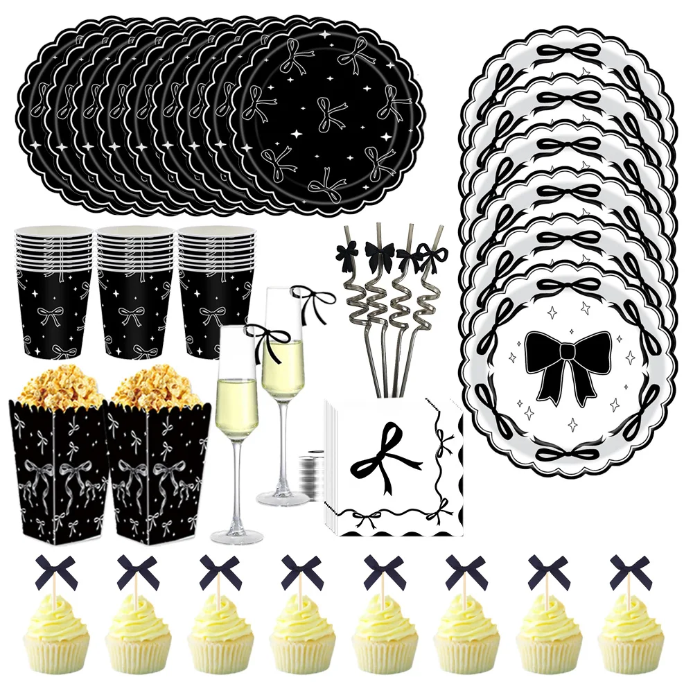 Schwarze Schleife Geburtstagsparty Geschirr Schwarz Weiße Schleife Mädchen Party Dekor Schwarze Schleife Pappteller Servietten Kuchen Topper Partyzubehör