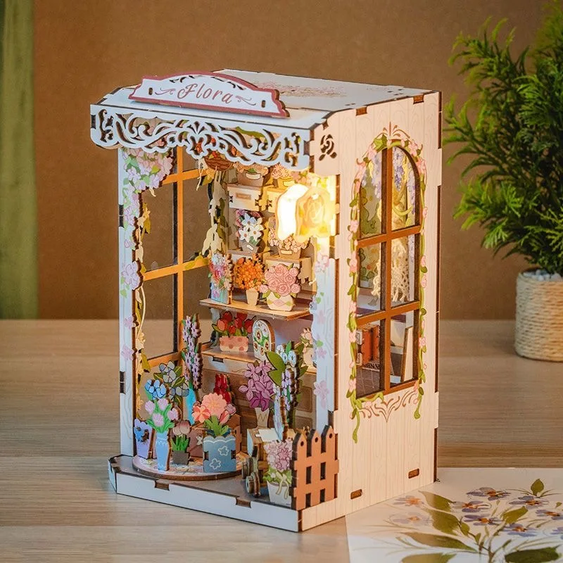 DIY Book Nook Wooden Miniature Model Kits Cozy Flower Shop Bookend 3D Puzzle with Light Bookshelf for Friends Birthday Gifts