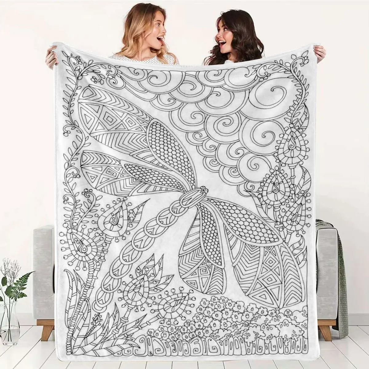 Adult Coloring Dragonfly Cozy Throw Blanket, Creative Line Art Couch Bed Warm Wrap for Travel, All Season Decor Gift