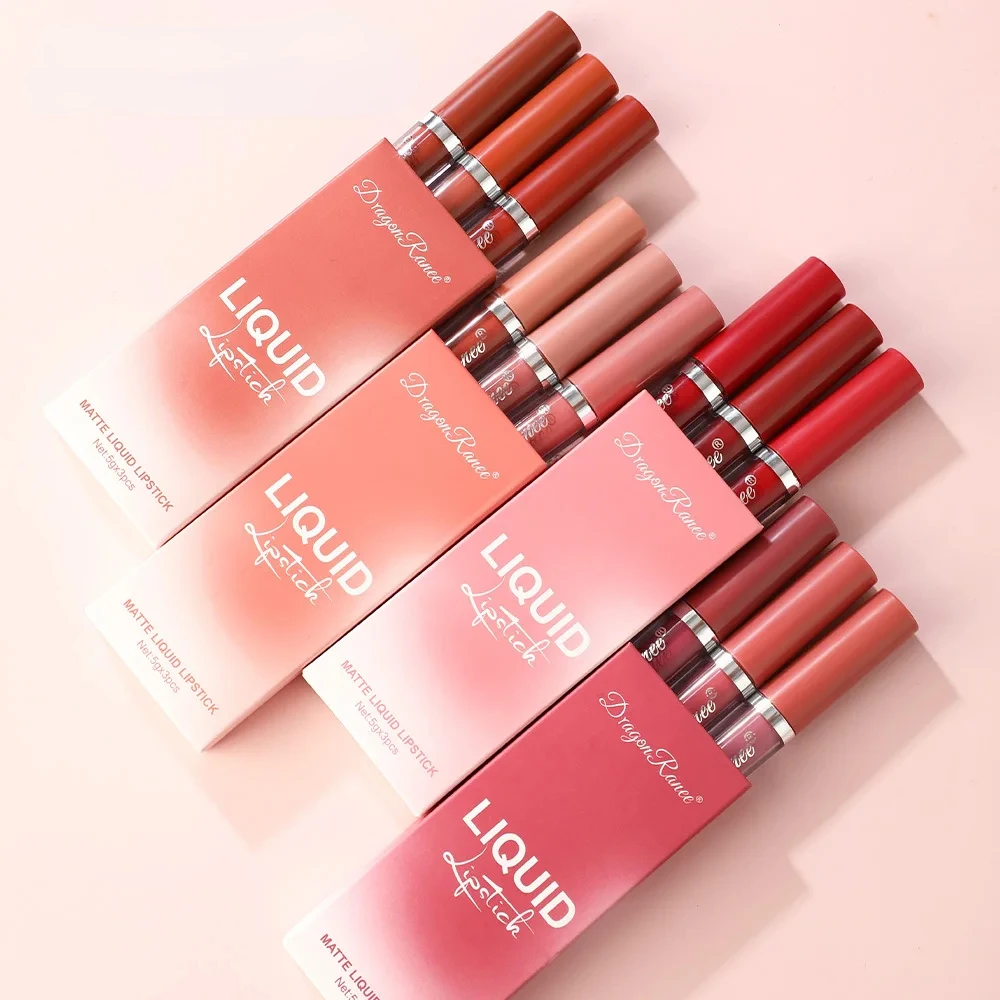 3Pcs Sexy Liquid Lipstick Set Matte Velvet Lip Gloss Bean Paste Lip Glaze Moisturize Long Lasting Lip Tint Makeup Cosmetic Kit