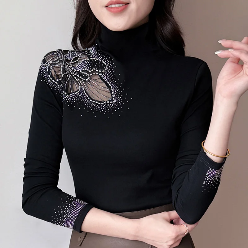 Spring 2026 New Turtleneck Long Sleeved Women\'s T-Shirt Fashion Sexy Hollow Out Hot Diamond Mesh Tops Black Elasticity Tees