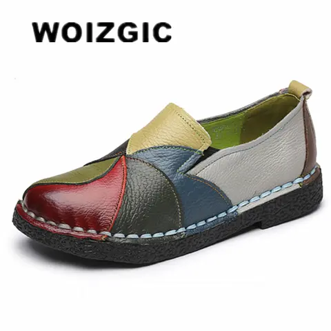 WOIZGIC 여성용 여성용 여성용 어머니 신발 플랫 정품 가죽 로퍼 모카신 혼합 다채로운 미끄럼 방지 플러스 사이즈 42