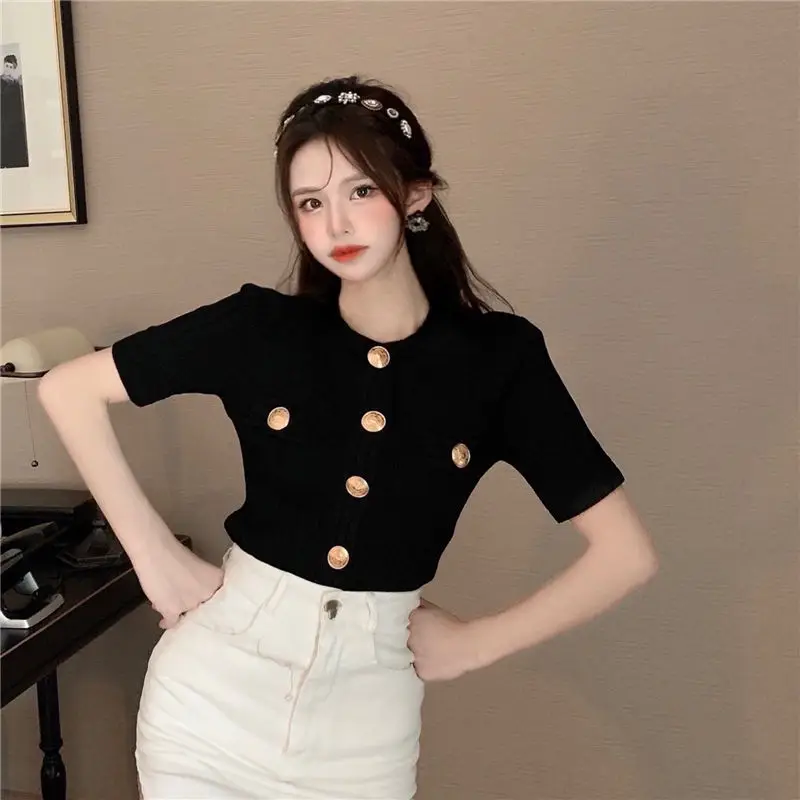 Women Clothing Vintage Fashion All-match Knit Cardigan Summer Elegant O-neck False Pocket Button T-shirt Solid Short Sleeve Tops